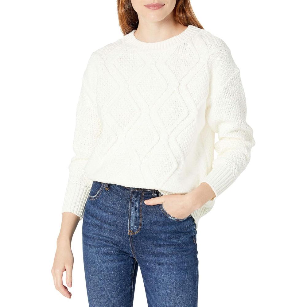 imageCable Stitch Womens Diamond Cable Crewneck Sweater  Long Sleeve Pullover TopIvory