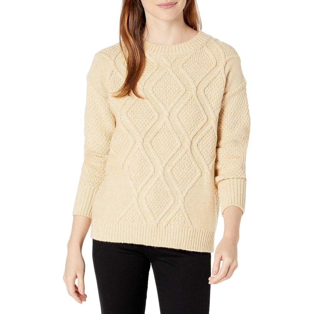imageCable Stitch Womens Diamond Cable Crewneck Sweater  Long Sleeve Pullover TopSand