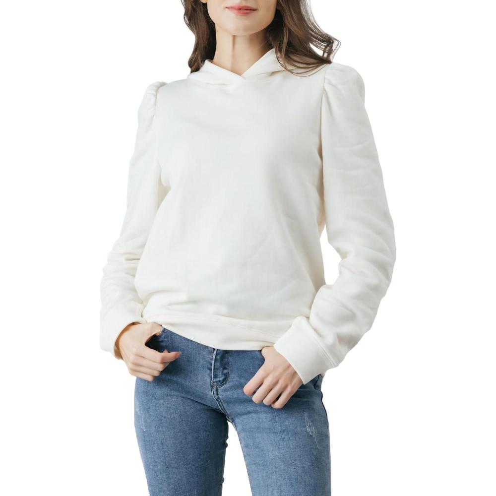 imageCable Stitch Womens Hooded Puff Shoulder SweatshirtIvory