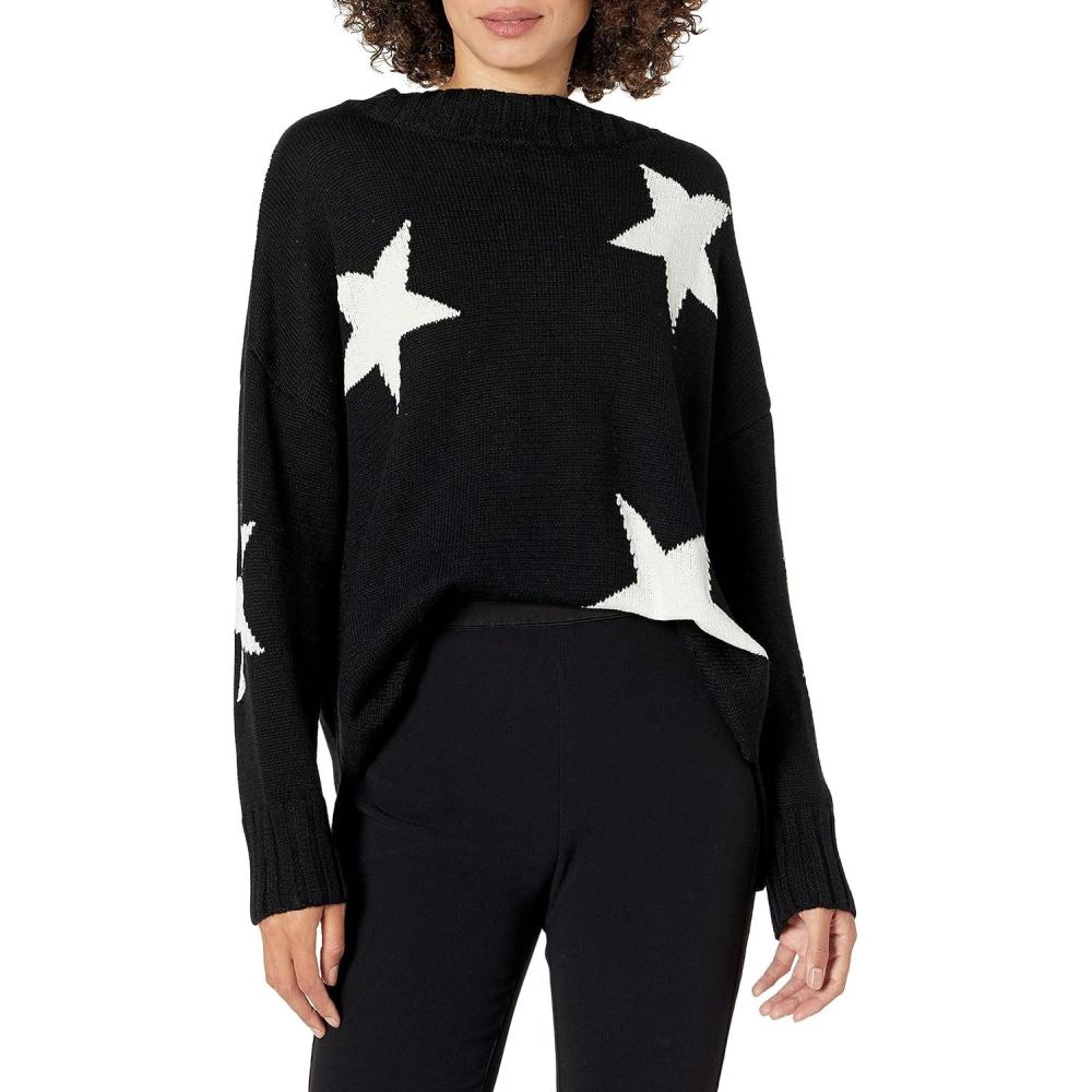 imageCable Stitch Womens Intarsia Sweater  Star Lightning Bolt Heart Graphics Long Sleeve Crewneck Pullover TopBlackWhite Star