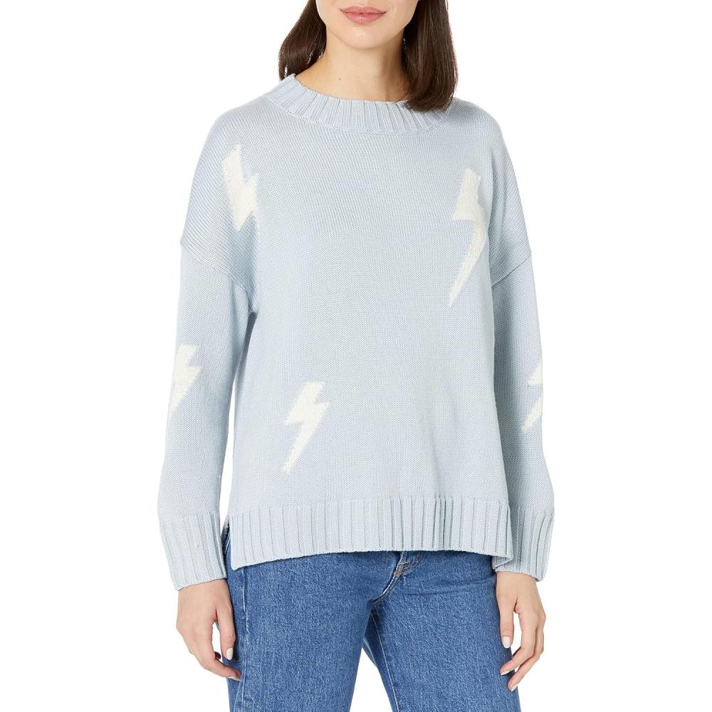 imageCable Stitch Womens Intarsia Sweater  Star Lightning Bolt Heart Graphics Long Sleeve Crewneck Pullover TopSky BlueWhite Lightning Bolt