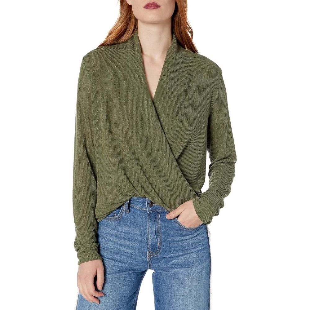 imageCable Stitch Womens Lightweight Long Sleeve Wrap HighLow Knit Top  VNeck Wrap Front Pullover SweaterOlive