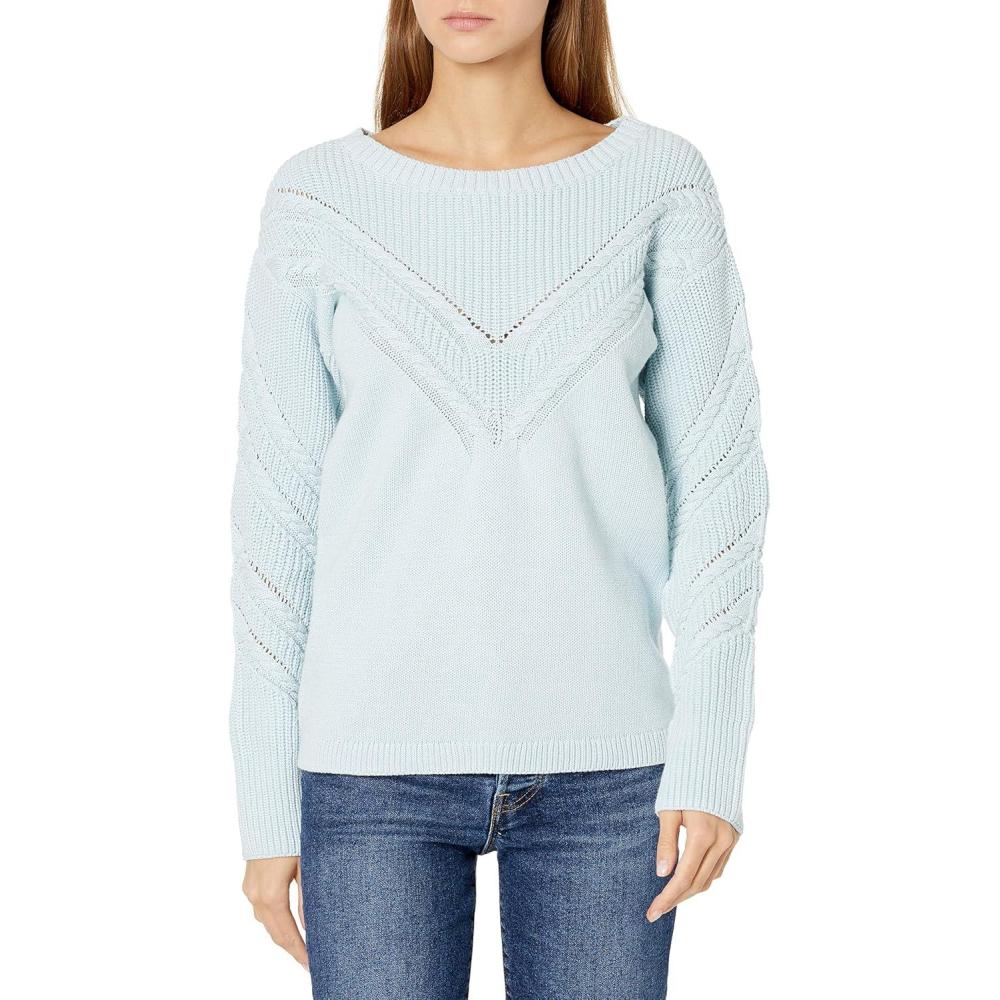 imageCable Stitch Womens Long Sleeve Chevron Cable Sweater  Crewneck Drop Shoulder Pointelle Cotton Solid Pullover TopPowder Blue