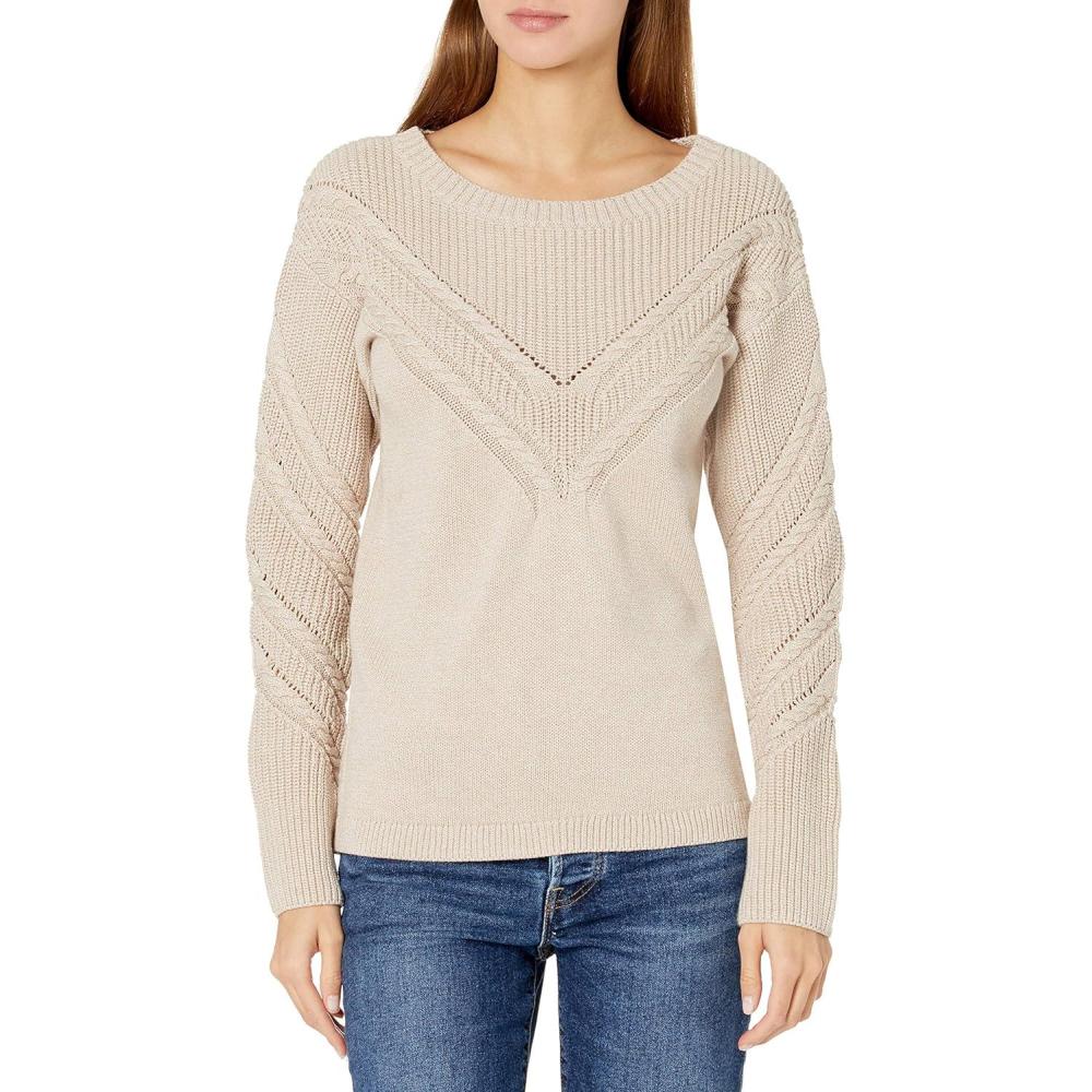 imageCable Stitch Womens Long Sleeve Chevron Cable Sweater  Crewneck Drop Shoulder Pointelle Cotton Solid Pullover TopTaupe