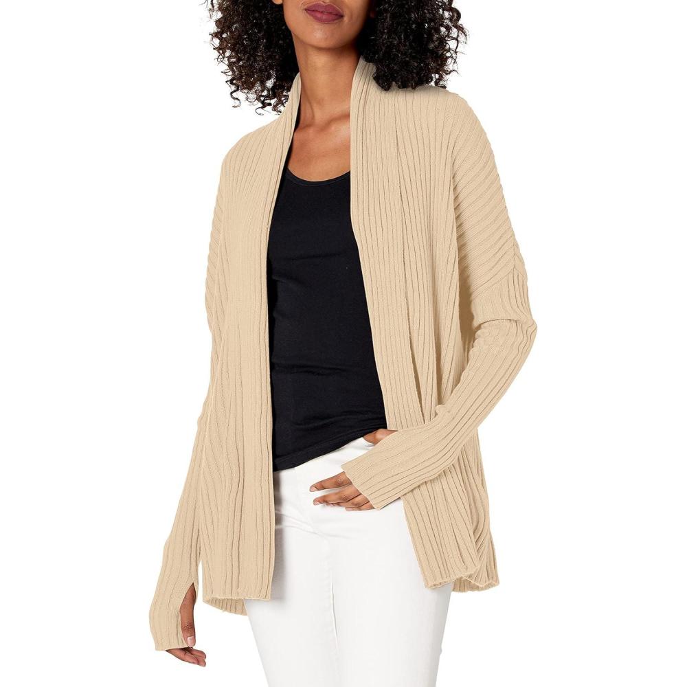 imageCable Stitch Womens LongSleeve RibKnit Cardigan with Thumbhole Open Front Oversized Loose Sweater CoatWarm Ivory