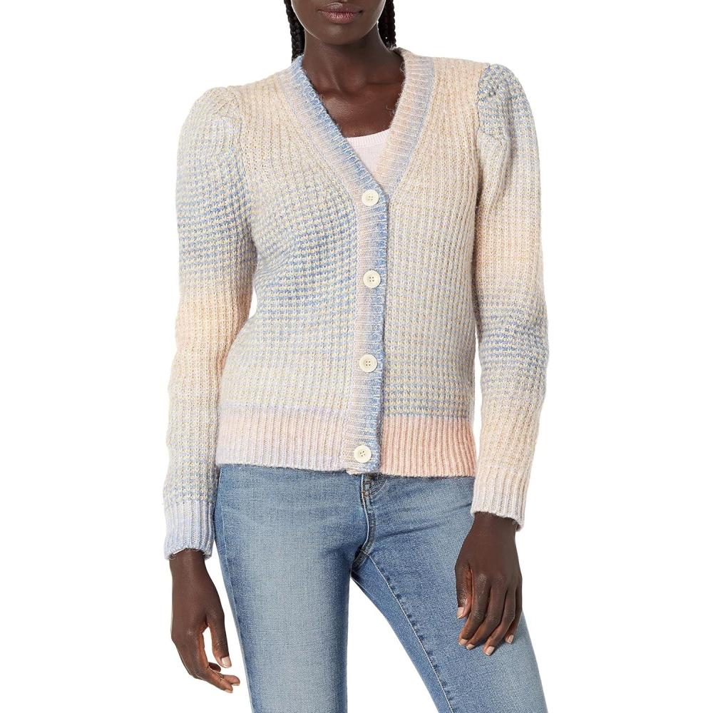 imageCable Stitch Womens Marled Puff Sleeve Cardigan  VNeck Button Front SpaceDyed Cropped Long Sleeve Sweater CoverUpDawn Ombre
