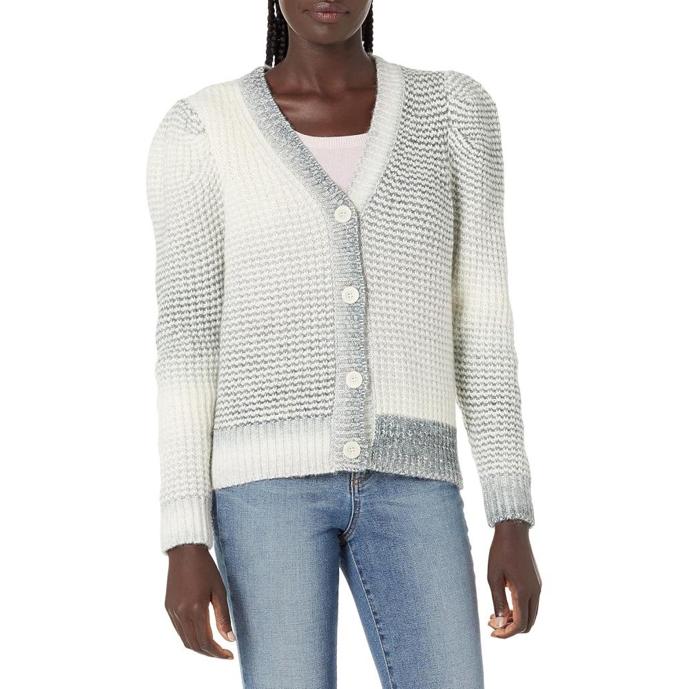 imageCable Stitch Womens Marled Puff Sleeve Cardigan  VNeck Button Front SpaceDyed Cropped Long Sleeve Sweater CoverUpGrey Ombre