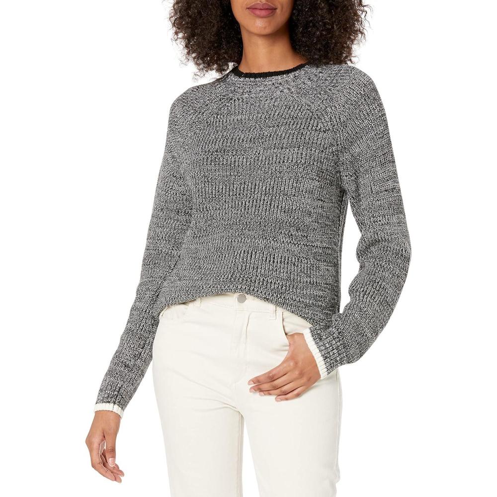 imageCable Stitch Womens Marled Raglan Crewneck Sweater  Fisherman Stitch Contrast Tipping Long Sleeve Pullover Knit TopMarled Grey