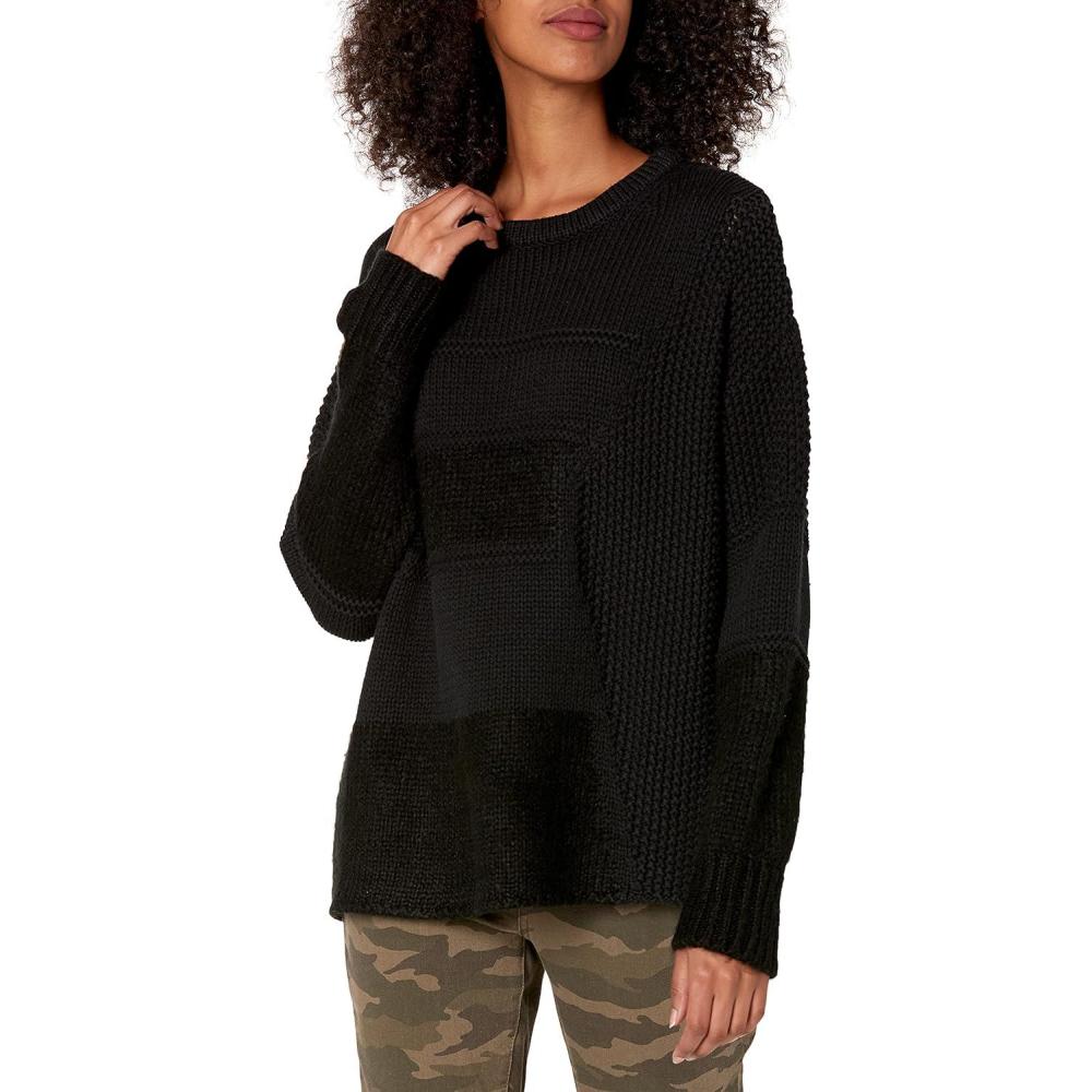imageCable Stitch Womens Mixed Stitch LongSleeve Oversized Sweater  Soft Crewneck Slouchy Casual Pullover TopBlack