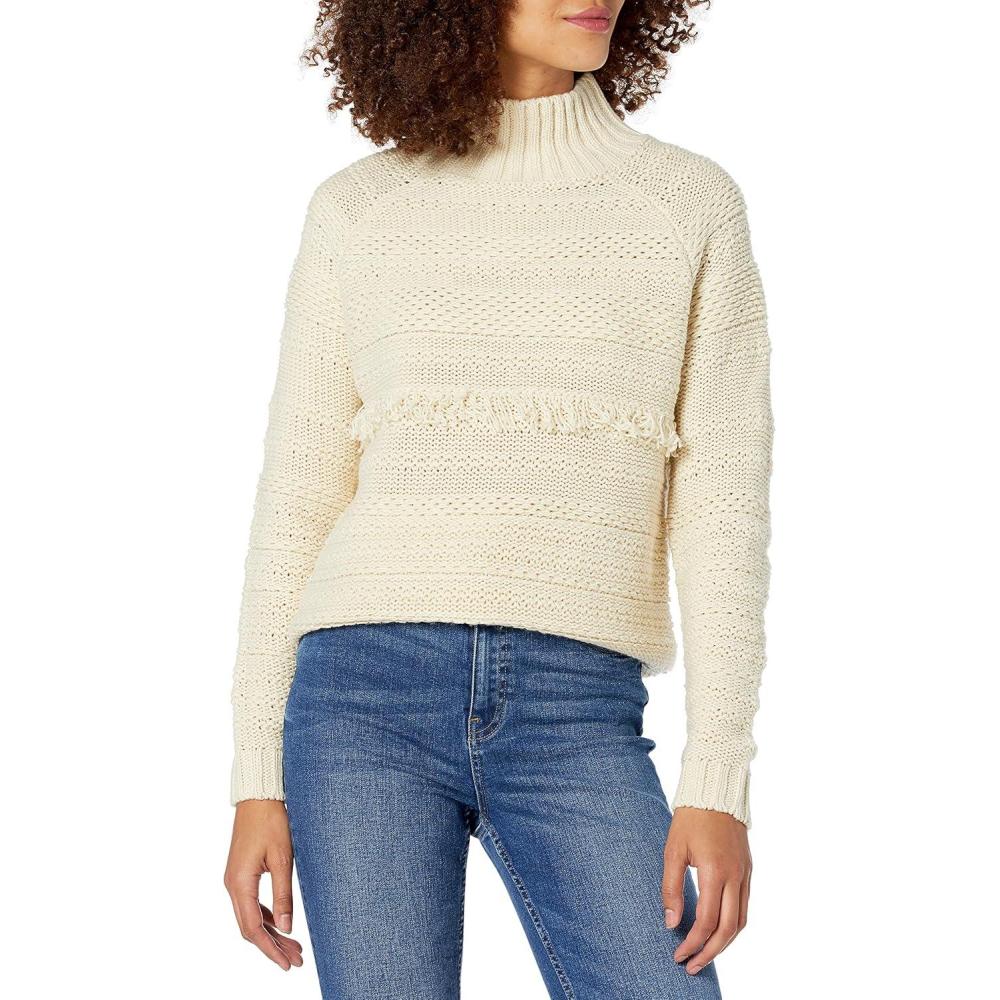 imageCable Stitch Womens Mixed Stitch Turtleneck Sweater  Mock Neck Fringe Raglan Long Sleeve Pullover Solid Color TopIvory