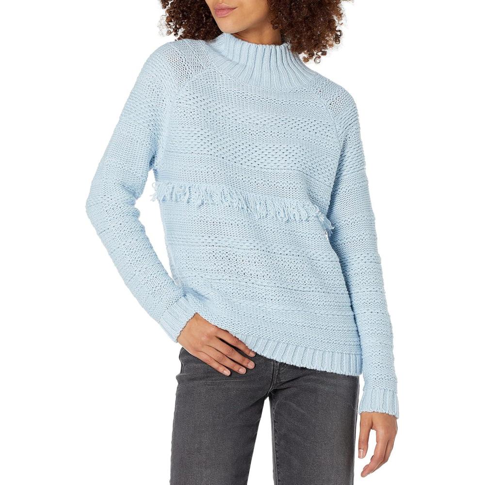 imageCable Stitch Womens Mixed Stitch Turtleneck Sweater  Mock Neck Fringe Raglan Long Sleeve Pullover Solid Color TopLight Blue