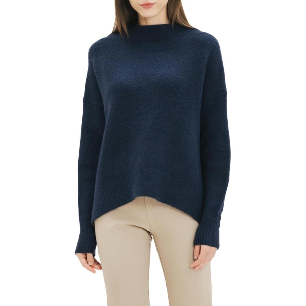 imageCable Stitch Womens Mock Neck Cozy Sweater  Oversized Soft Long Sleeve Drop Shoulder High Low Hem Slouchy Pullover TopNavy