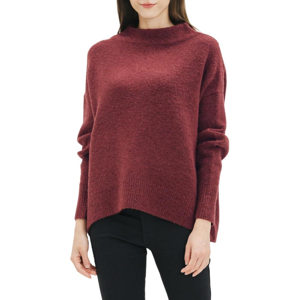 imageCable Stitch Womens Mock Neck Cozy Sweater  Oversized Soft Long Sleeve Drop Shoulder High Low Hem Slouchy Pullover TopWine