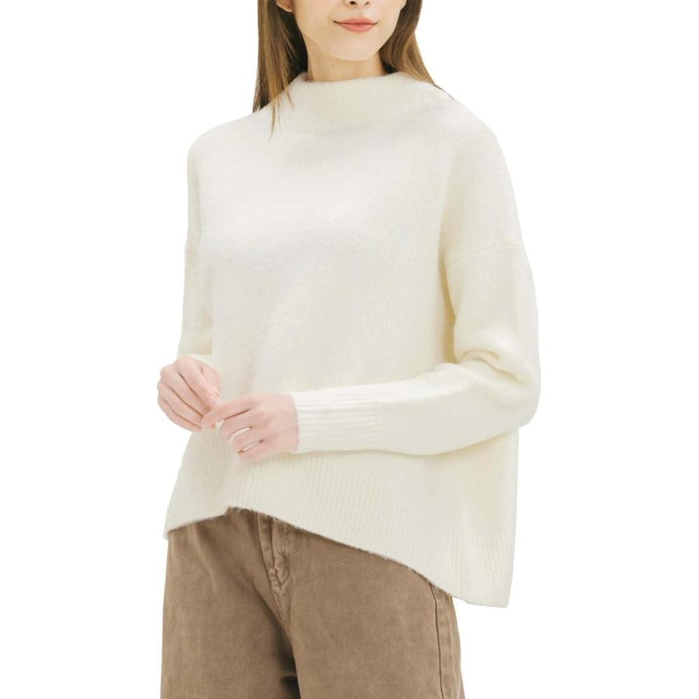 imageCable Stitch Womens Mock Neck Cozy Sweater  Oversized Soft Long Sleeve Drop Shoulder High Low Hem Slouchy Pullover TopWinter White