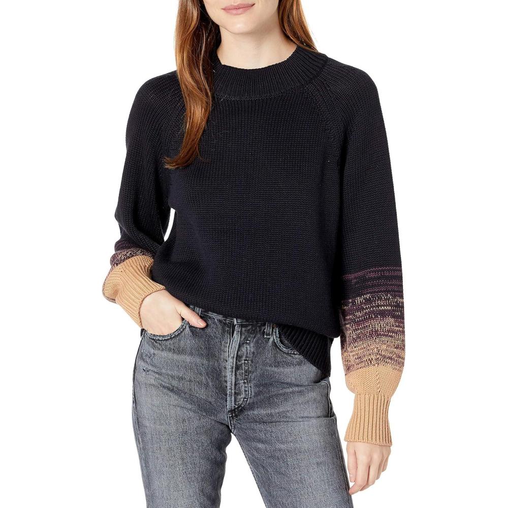 imageCable Stitch Womens Ombre Sleeve Sweater  Crewneck Raglan Lantern Long Sleeve Colorblock Striped Pullover Knit TopNavy