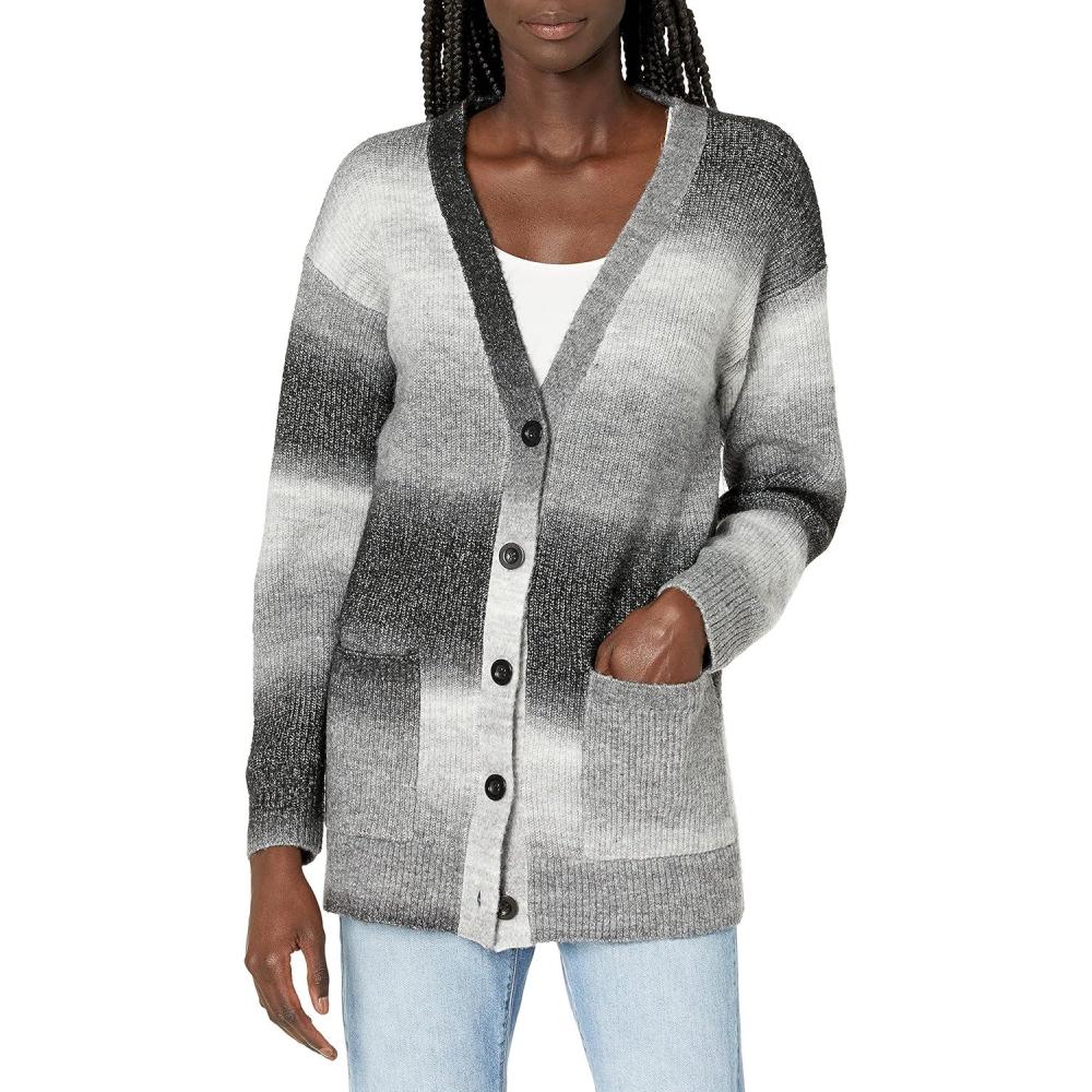 imageCable Stitch Womens Ombre SpaceDyed Cardigan  VNeck Long Sleeve Button Front RibKnit Sweater CoverUp with PocketsBlack Ombre