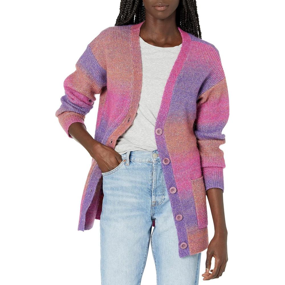 imageCable Stitch Womens Ombre SpaceDyed Cardigan  VNeck Long Sleeve Button Front RibKnit Sweater CoverUp with PocketsMauve Ombre