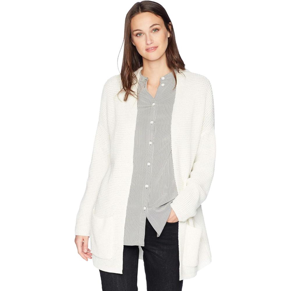 imageCable Stitch Womens Open Front Waffle Stitch Knit Cardigan  Long Sleeve Casual Sweater Coat with PocketsWhite