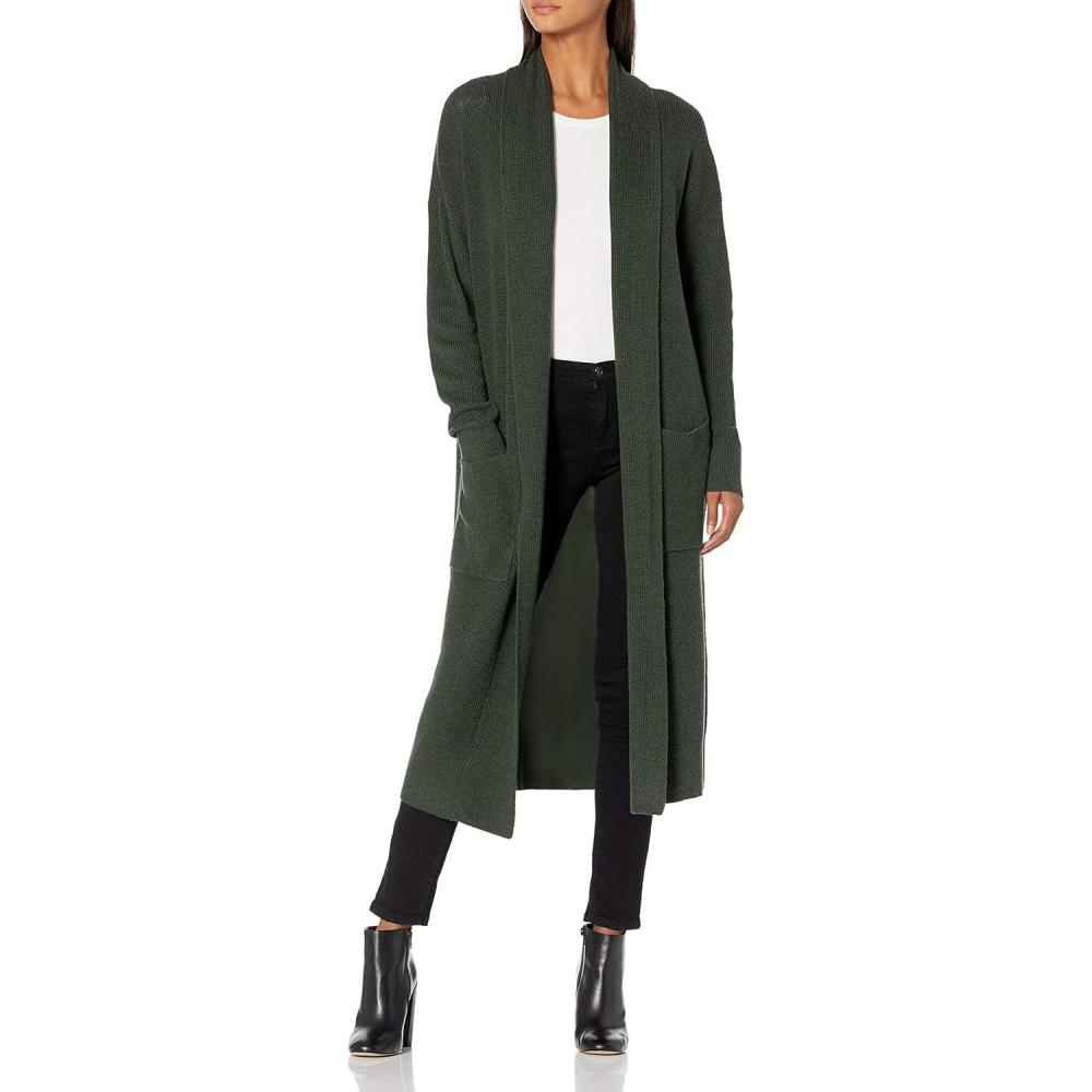 imageCable Stitch Womens Open Placket Long Cardigan  Open Front Long Sleeve Sweater Coat with PocketsOlive