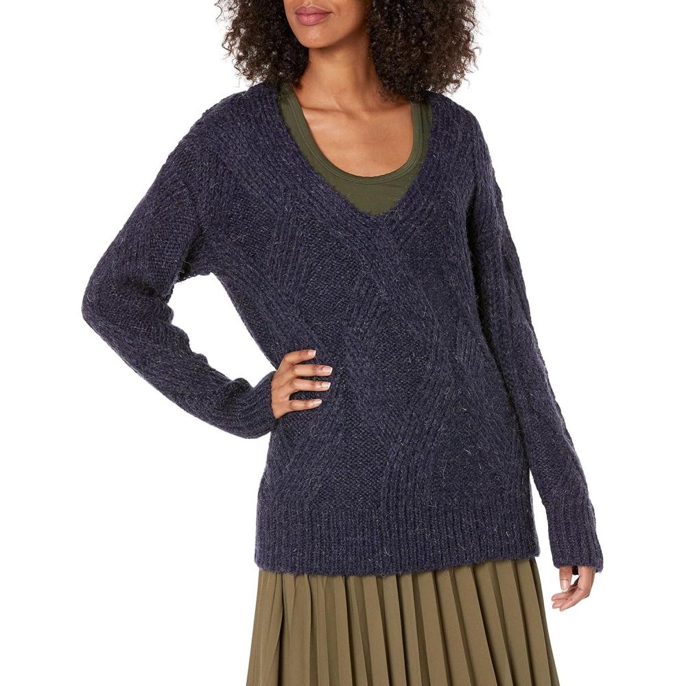 imageCable Stitch Womens Oversized Argyle Tunic Sweater  VNeck Drop Shoulder Long Sleeve Loose Pullover TopNavy