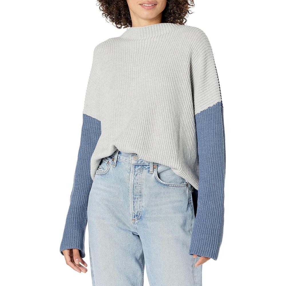 imageCable Stitch Womens Oversized Colorblock Sweater  Mock Neck RibKnit Drop Shoulder Long Sleeve Pullover TopGrey  Steel Blue  Denim