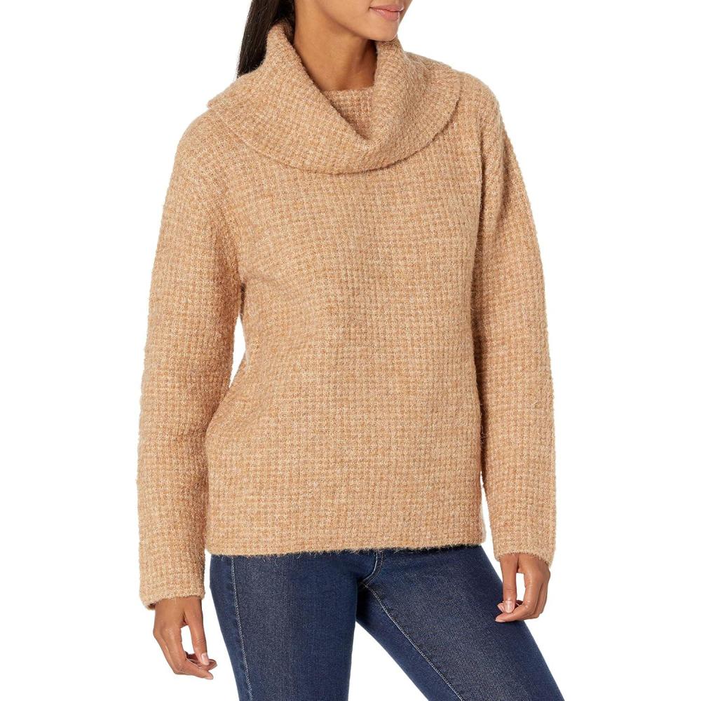 imageCable Stitch Womens Oversized Cozy Boucle Cowl Neck Sweater  Long Sleeve Waffle Knit Turtleneck Pullover TopCamel