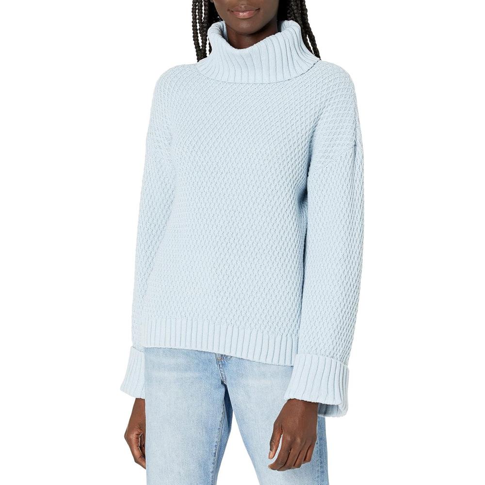 imageCable Stitch Womens Oversized RibCuffed Wide Sleeve Turtleneck Sweater  Long Sleeve Drop Shoulder Pullover TopLight Blue