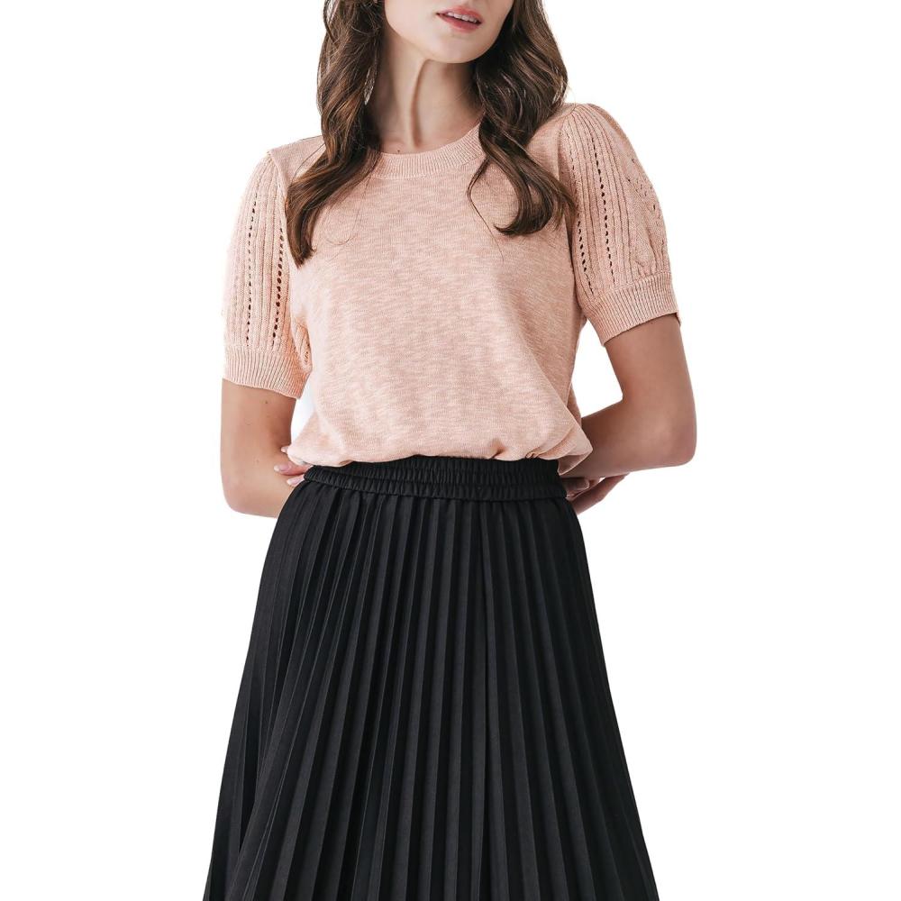 imageCable Stitch Womens Pointelle Short Sleeve Crewneck Sweater Top  Lightweight Puff Sleeve PulloverCamille