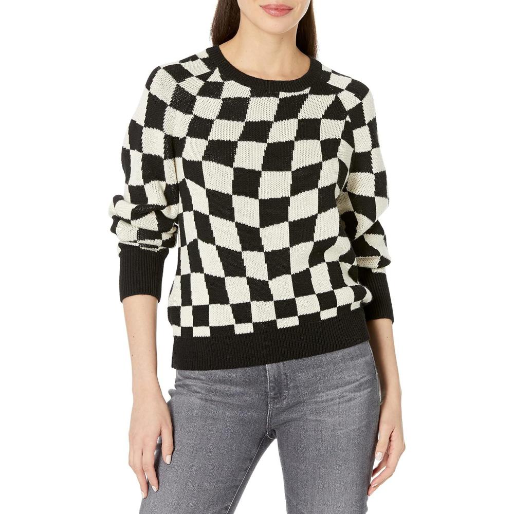 imageCable Stitch Womens Polka DotCheckered Pattern Sweater  Raglan Long Sleeve Crewneck Pullover TopBlackWhite