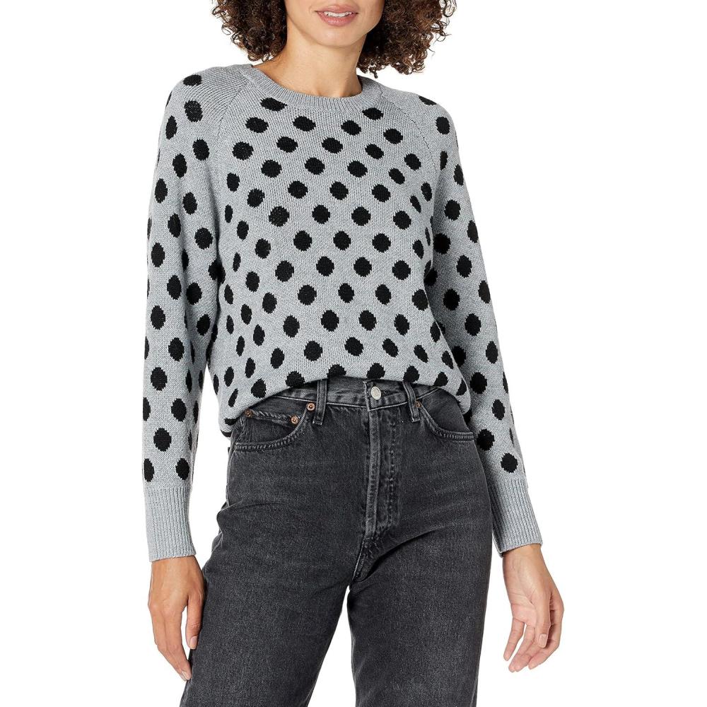 imageCable Stitch Womens Polka DotCheckered Pattern Sweater  Raglan Long Sleeve Crewneck Pullover TopGreyBlack