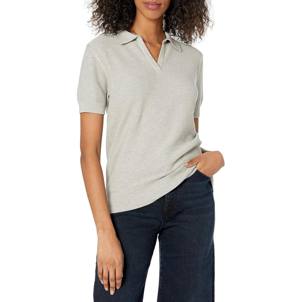 imageCable Stitch Womens Polo Neck Short Sleeve Sweater Top  VNeck Solid Color Textured Knit PulloverHeather Grey