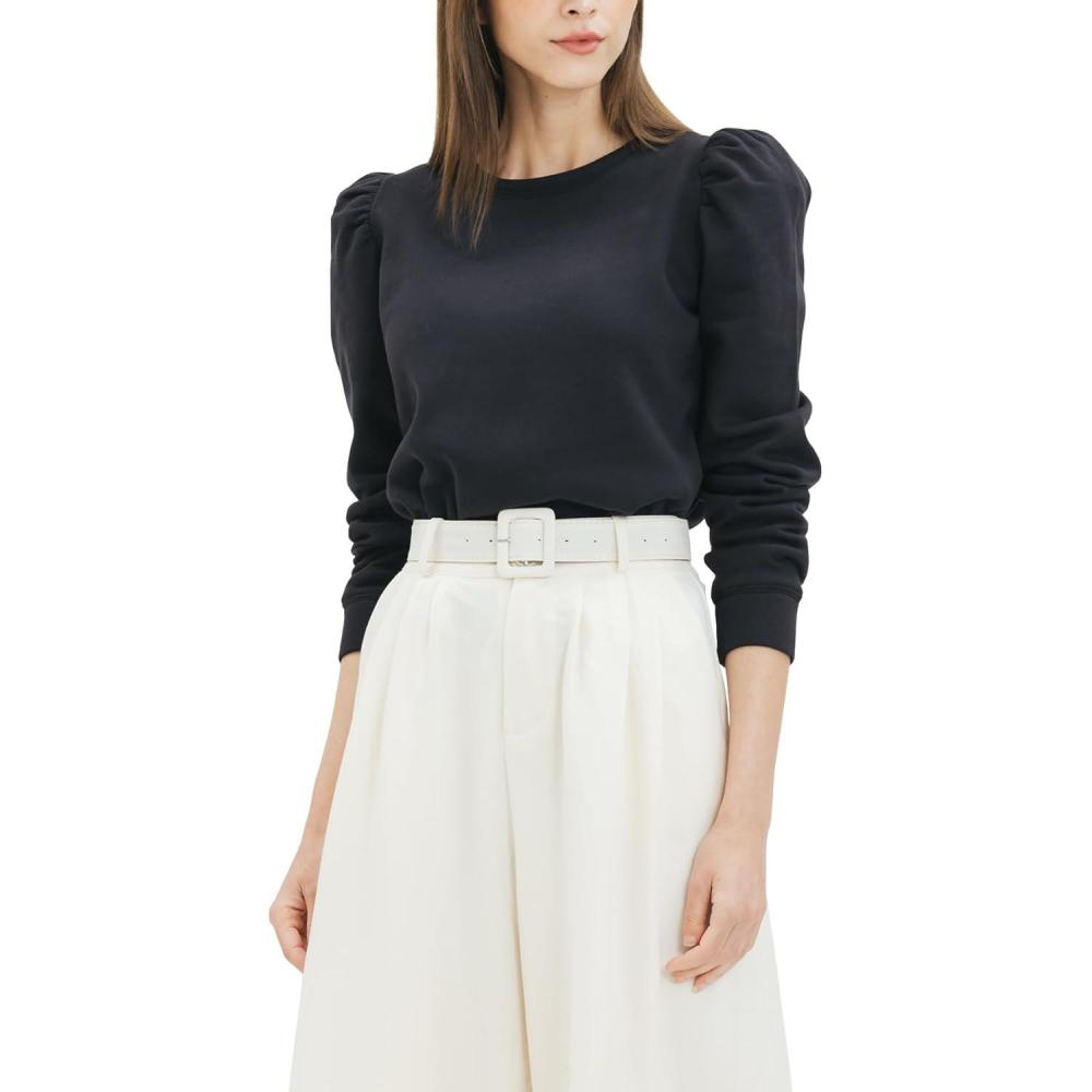 imageCable Stitch Womens Puff Shoulder Sweatshirt TopBlack