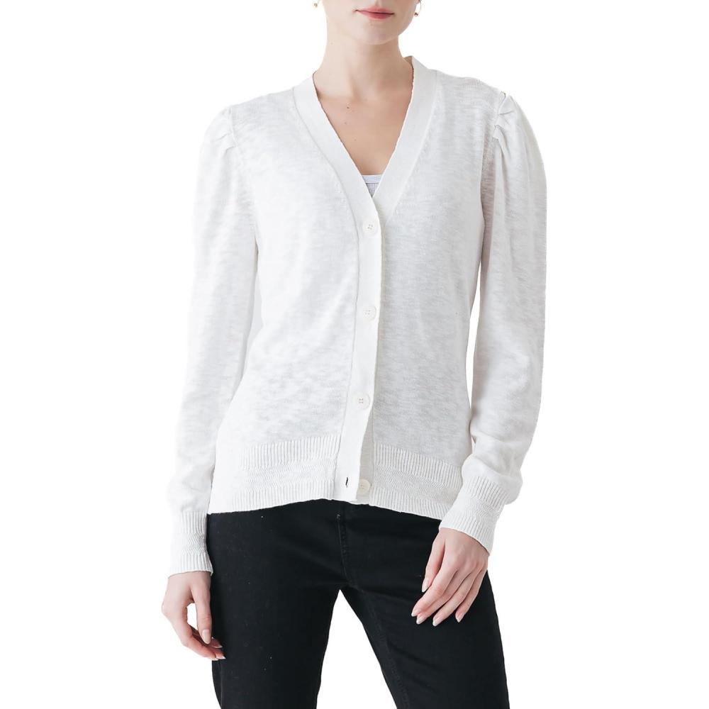 imageCable Stitch Womens Puff Sleeve Lightweight Cardigan  VNeck Long Sleeve Button Front Solid Color SweaterIvory