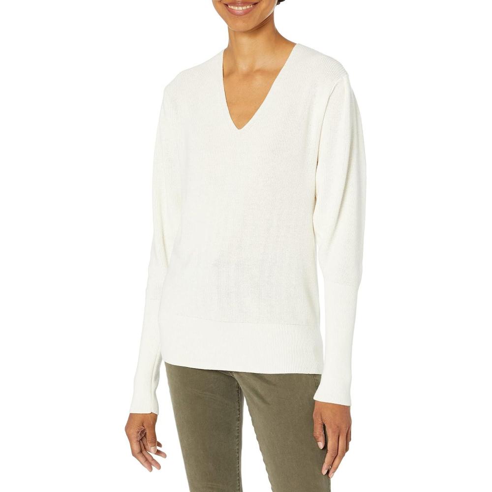imageCable Stitch Womens Puff Sleeve VNeck Sweater  Lightweight Pleated Blouson Long Sleeve Pullover TopBirch White