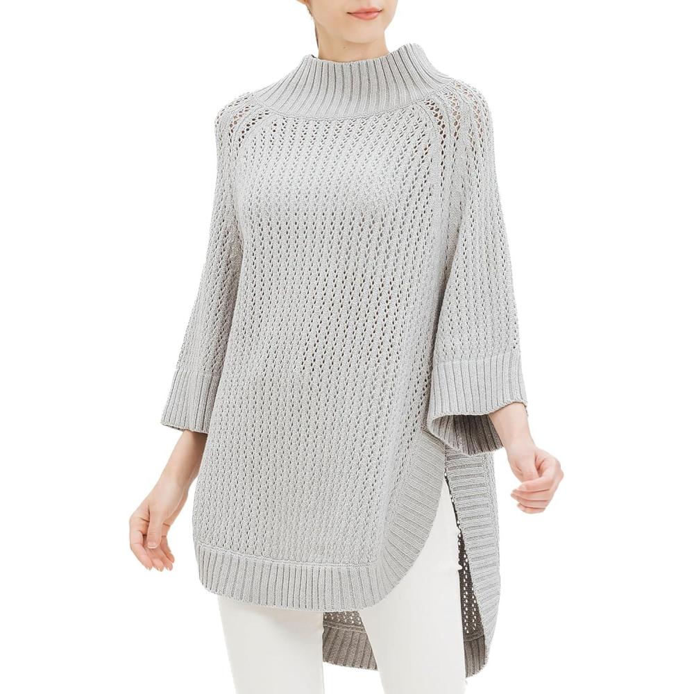 imageCable Stitch Womens RibCollar Tunic Sweater  Loose Fit Oversized Mock Neck 34 Sleeve Pullover Poncho Coverup TopLight Heather Grey