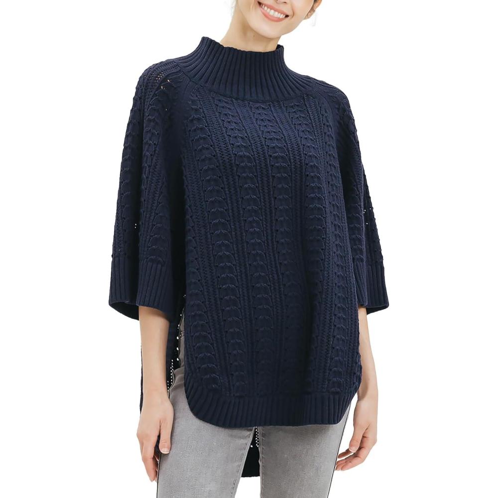 imageCable Stitch Womens RibCollar Tunic Sweater  Loose Fit Oversized Mock Neck 34 Sleeve Pullover Poncho Coverup TopNavy