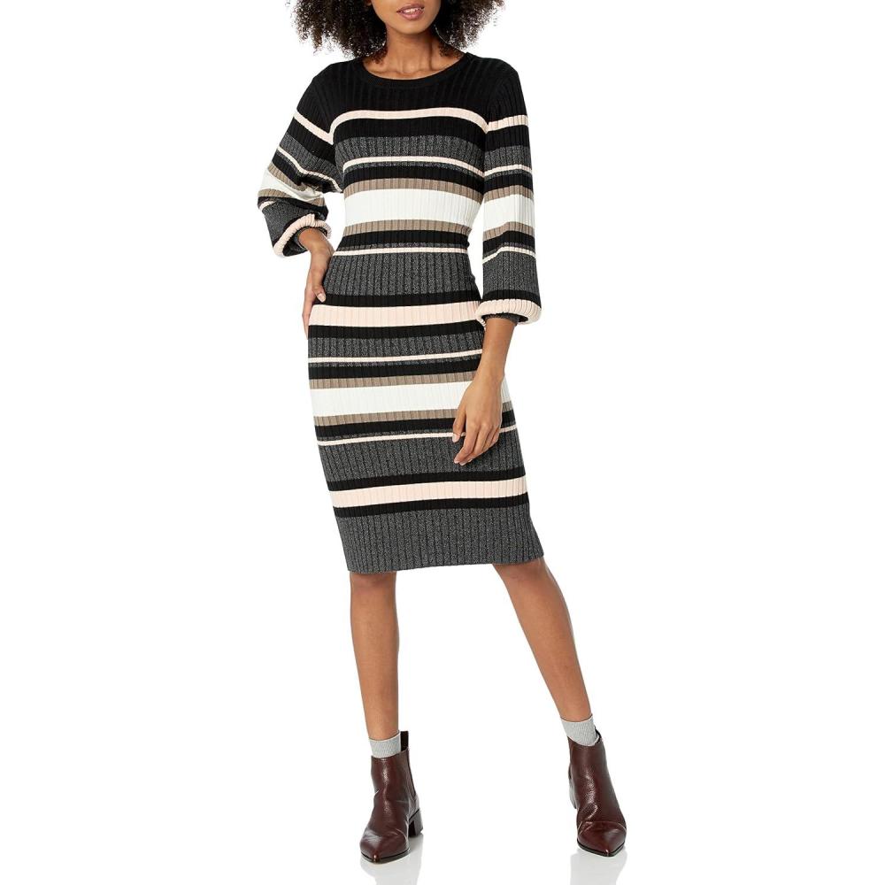 imageCable Stitch Womens Ribbed Bishop Sleeve Dress  Crewneck Long Sleeve KneeLength SolidStriped Bodycon Sweater Knit DressMultistripe
