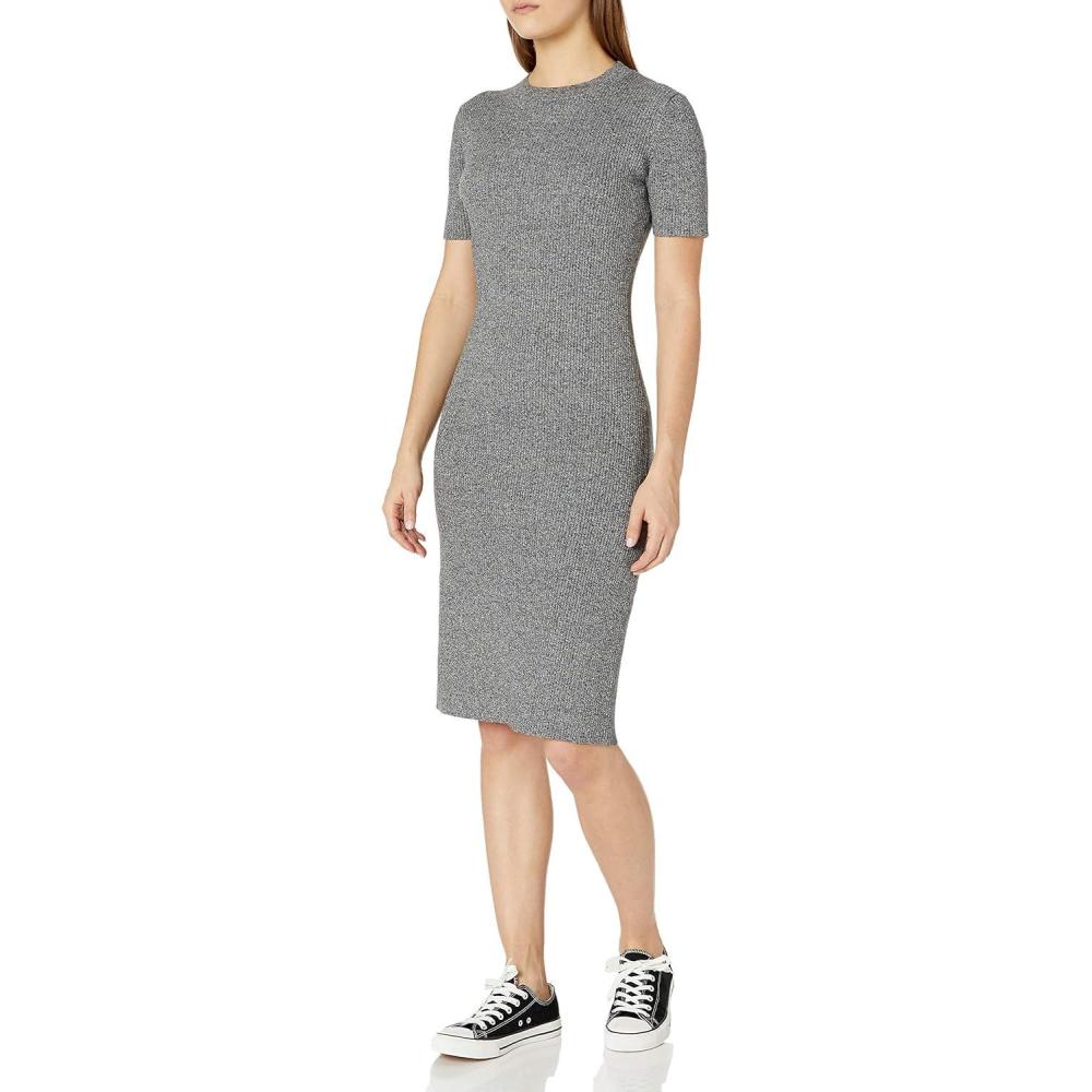 imageCable Stitch Womens Ribbed Short Sleeve RibKnit Dress  StripedSolid Crewneck Bodycon Midi DressMarled Grey