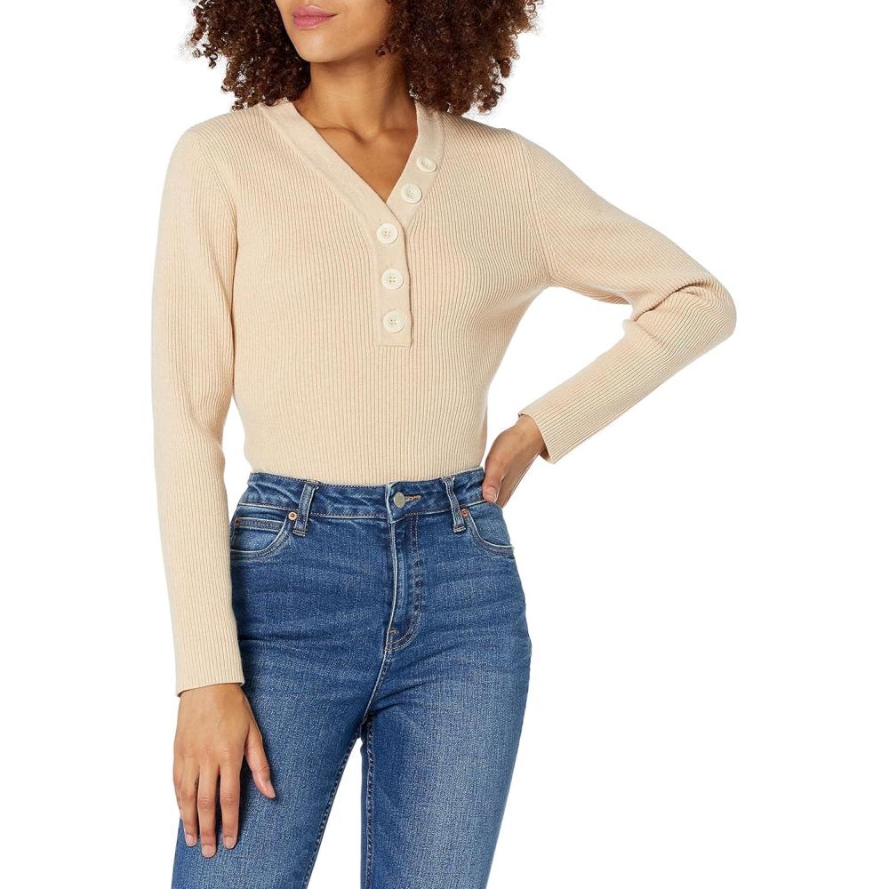 imageCable Stitch Womens Ribbed VNeck Henley Sweater  Long Sleeve Pullover Basic Layering TopSand