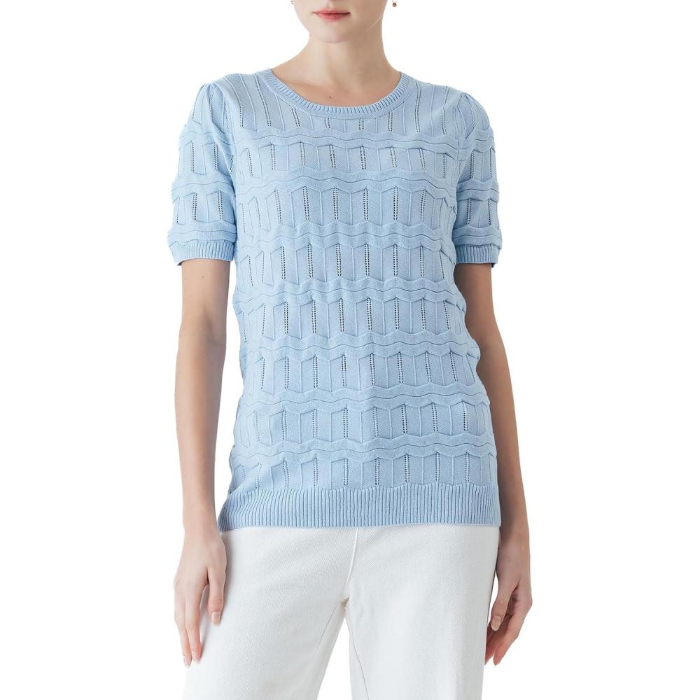 imageCable Stitch Womens Ripple Stitch Short Sleeve Sweater  Crewneck Pointelle Knit Cotton Pullover TopLight Blue