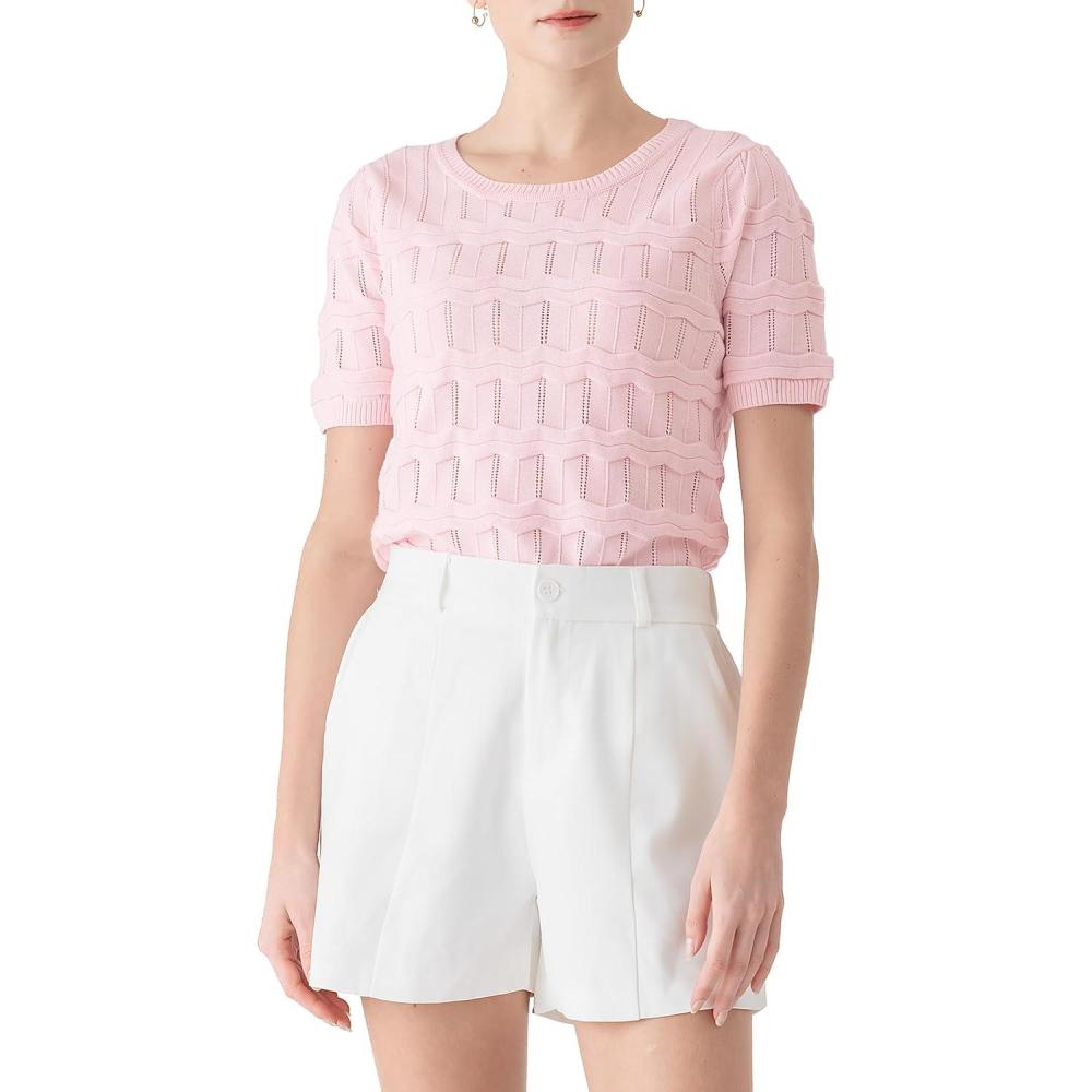 imageCable Stitch Womens Ripple Stitch Short Sleeve Sweater  Crewneck Pointelle Knit Cotton Pullover TopLight Pink