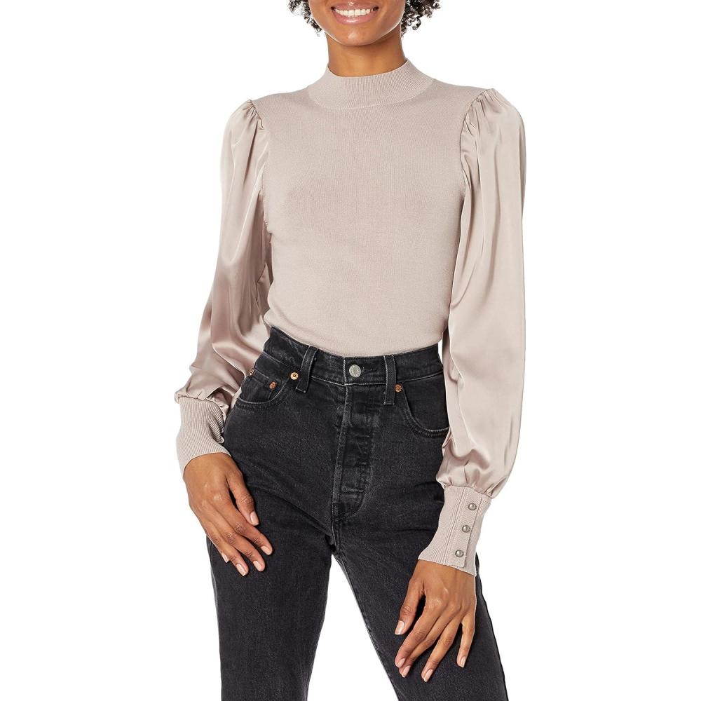 imageCable Stitch Womens SatinSleeve Sweater Top  Mock Neck Contrast Long Sleeve Pullover TopDusty Mauve