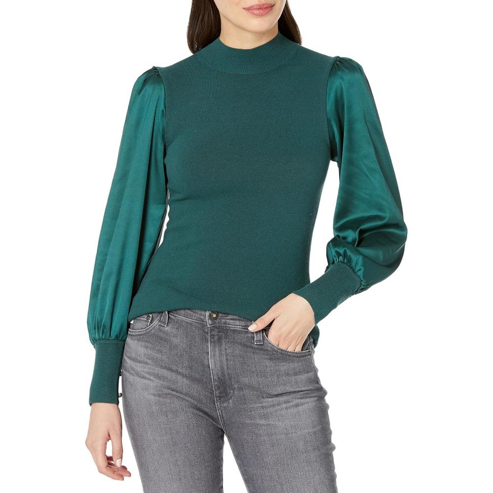 imageCable Stitch Womens SatinSleeve Sweater Top  Mock Neck Contrast Long Sleeve Pullover TopEmerald Green