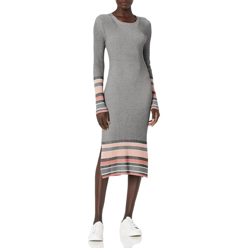 imageCable Stitch Womens Stripe Ribbed Dress  Crewneck Long Sleeve Colorblock Bodycon Fitted Midi Sweater DressMultigrey