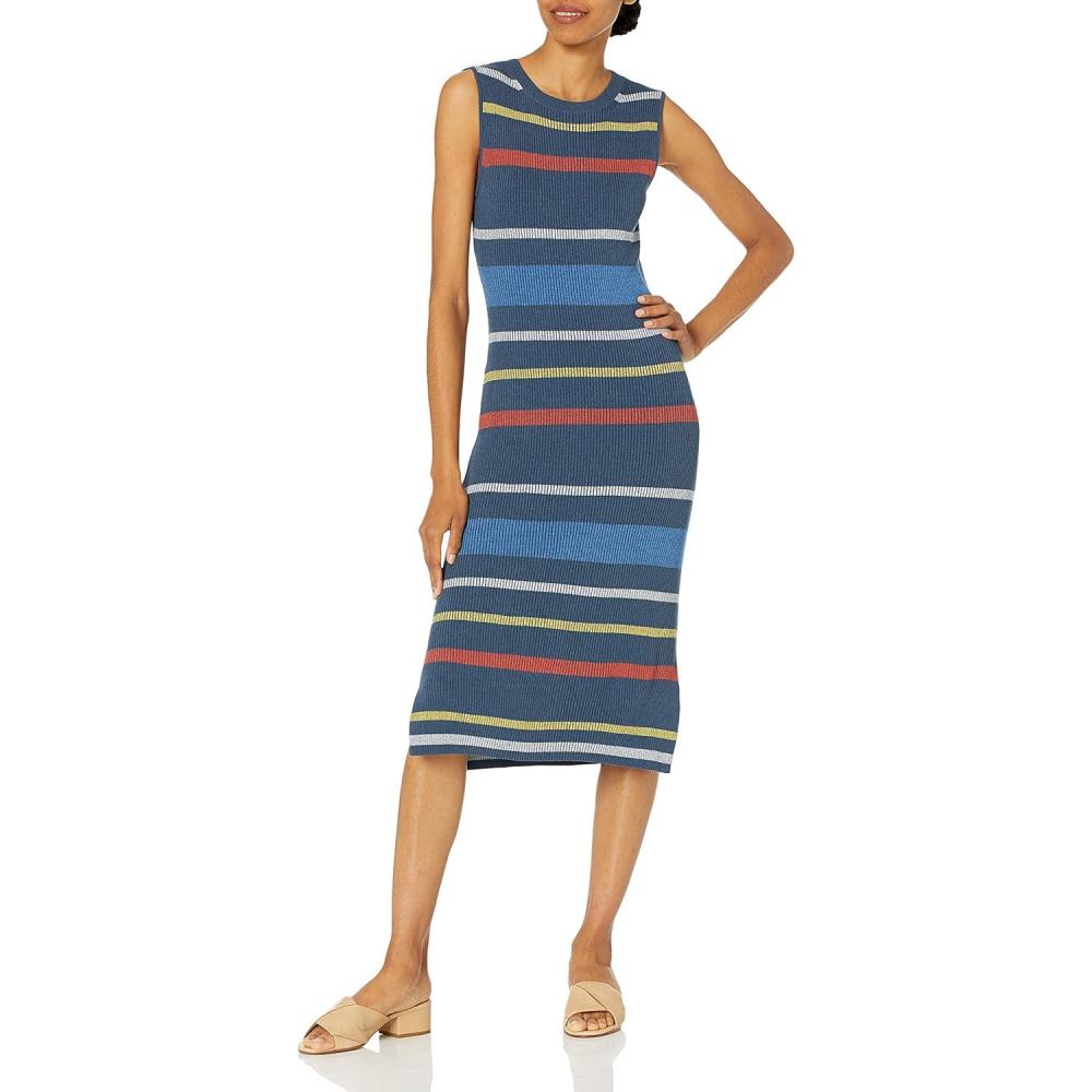 imageCable Stitch Womens Stripe Ribbed Tank Dress  Crewneck Sleeveless Colorblock Bodycon Fitted Summer Midi Sweater DressMultidenim