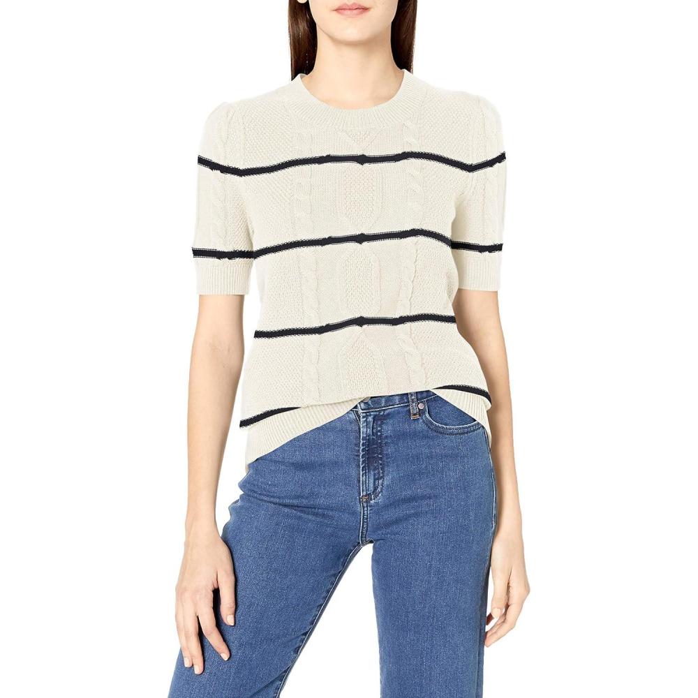imageCable Stitch Womens Striped Cable Knit Short Sleeve Sweater  Crewneck Lightweight Cotton Pullover TopIvory