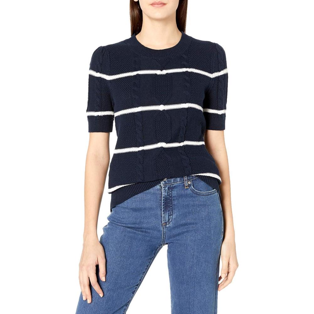 imageCable Stitch Womens Striped Cable Knit Short Sleeve Sweater  Crewneck Lightweight Cotton Pullover TopNavy