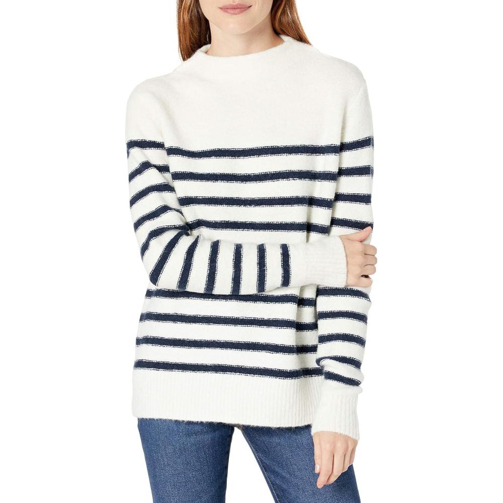 imageCable Stitch Womens Striped Mock Neck Cozy Sweater  Soft Long Sleeve Sailor Nautical Style Pullover Knit TopIvory