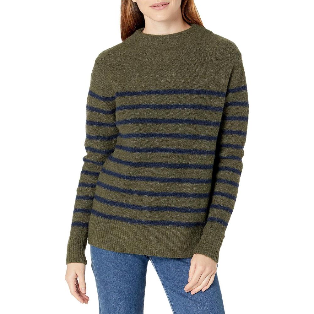 imageCable Stitch Womens Striped Mock Neck Cozy Sweater  Soft Long Sleeve Sailor Nautical Style Pullover Knit TopOlive