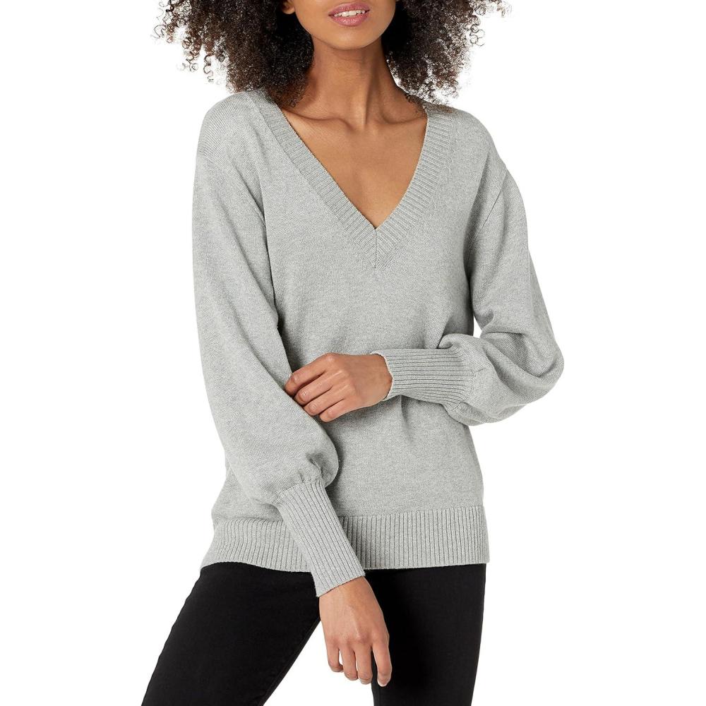 imageCable Stitch Womens Textured Back Cotton Sweater  Long Lantern Sleeve VNeck Solid Color Pullover Knit TopLight Heather Grey